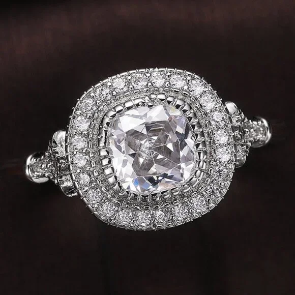 ▶Luxury CZ Shiny Gem Macro Pave Square Noble Dainty Wedding Rings, K932